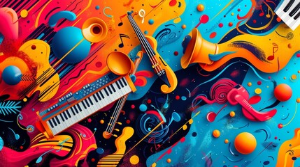 A fusion of musical instruments and funky patterns in a vibrant, retro color scheme