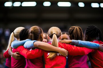 Womens sports team in red jerseys huddled together before a game indoors.
