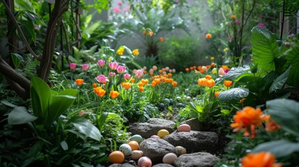 A lush garden where the Easter Bunny hides eggs for children