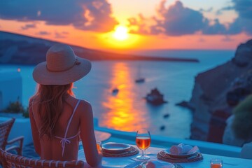 Woman Sitting at Table With Glass of Wine enjoying Greek island sunset