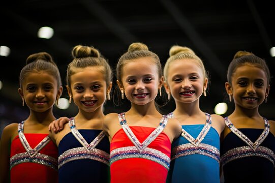 Young girls in colorful gymnastics leotards posing at an indoor competition.
