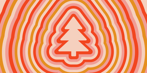 Retro background with repeating silhouette Christmas tree. Trendy vector hippie print in style 70s, 80s. Red, pink, and gold colors. Groovy holiday poster. Psychedelic winter illustration