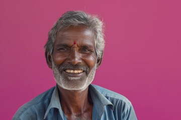 Obraz premium Smiling Elderly Indian Man with a Red Tilak on a Solid Pink Background. Generative AI.