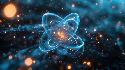 An atom with electrons orbiting, set against a cosmic starry background, symbolizing atomic energy and science concepts. - obrazy, fototapety, plakaty