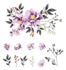 Fototapeta na wymiar Set of vector images of flowers for the design of postcards.