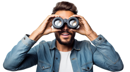 Surprised guy looking through binoculars, cut out
