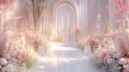 A wedding ceremony with white and pink flowers