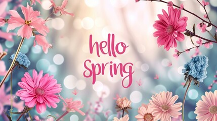 A colorful graphic welcoming the spring season with vibrant flowers