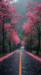 A road lined with pink flowers and trees