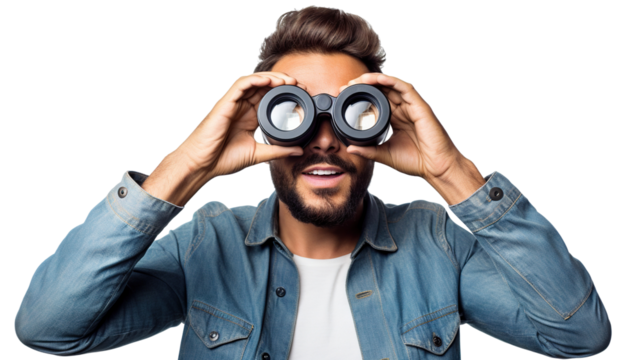 Surprised guy looking through binoculars, cut out