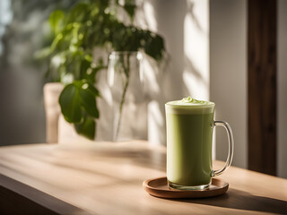 matcha latte in a mug on a wooden tray