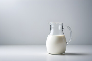 glass jug with milk on a minimalistic background