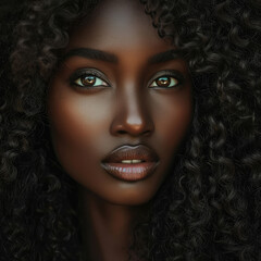 Portrait of a beautiful woung woman with brown skin Close-up portrait of a beautiful woung woman with brown skin and long curly black hair. 