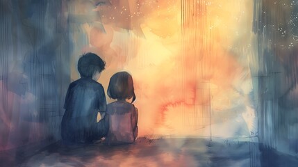 Children's mental health support, Soft and comforting atmosphere, Watercolor Sketch, Pastel tones, Whimsical characters, Artwork