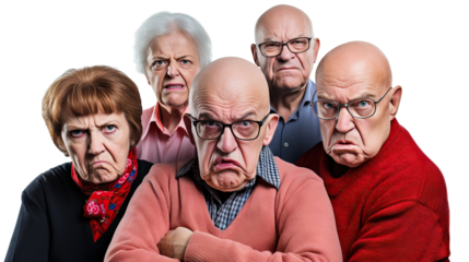 Group of elderly individuals standing with stern faces, showcasing their collective dissatisfaction, cut out