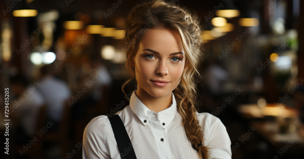 Sticker Beautiful blond waitress smiling confidently at the camera indoors generated by AI