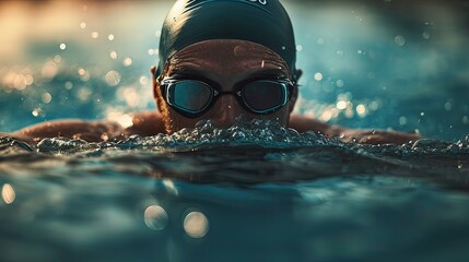 Swimmer with goggles in the water during sunset