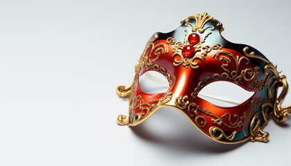 Gold colored mask, ornate and elegant, hides in white background generated by AI