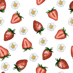 Seamless pattern with fresh and juicy strawberries, strawberry flowers isolated on white background, hand drawn watercolor illustration. Ideal for background, fabric and textile, postcard, packaging.