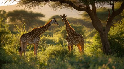 Graceful giraffes grazing peacefully in the dappled shade of an acacia tree - obrazy, fototapety, plakaty