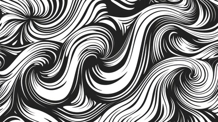 A black and white 2D contour showcases waves, swirls, and twisted patterns in a trendy retro psychedelic style, producing a twisted and distorted flat texture. This simple monochrome image represents 