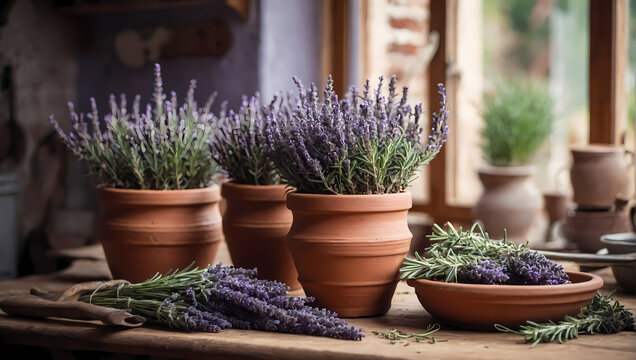 Lavender and Rosemary in Clay Pots on Countryside Cottage Kitchen Table.