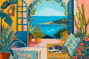 Cozy corner of your home with a cat. Colorful cozy village illustrations in favism style - obrazy, fototapety, plakaty