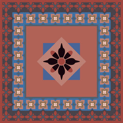 Rug with a geometric pattern in a square floral border.