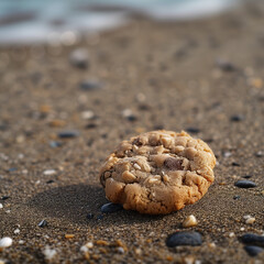Fototapeta na wymiar Chocolate Chip Cookie on a Sandy Beach
