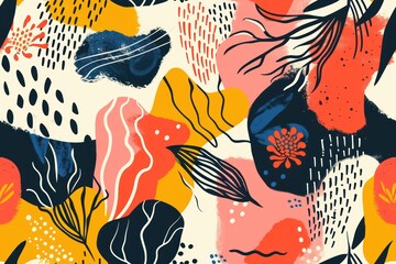 Seamless pattern with abstract shapes and organic motifs, enhanced by bold colors, dynamic lines, and asymmetrical layouts.