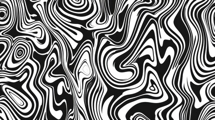 Fototapeta premium A black and white 2D contour showcases waves, swirls, and twisted patterns in a trendy retro psychedelic style, producing a twisted and distorted flat texture. This simple monochrome image represents 