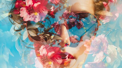 A woman's face is overlaid with vibrant flowers and blue skies, creating a dreamy, double exposure effect