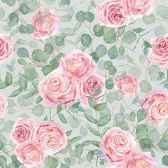 Eucalyptus and pink roses branch watercolor hand drawn floral seamless pattern. Botanical painting of greenery leaves, pink flowers. Element of wedding invitation, print, greeting, textile, packing