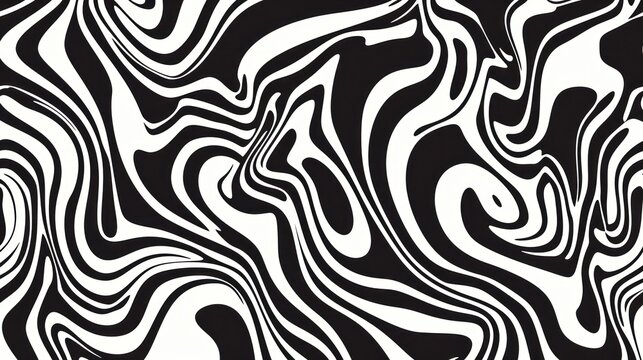 A black and white 2D contour showcases waves, swirls, and twisted patterns in a trendy retro psychedelic style, producing a twisted and distorted flat texture. This simple monochrome image represents 