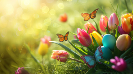 Easter colored eggs, pastel colors, butterflies and flowers, a spring bouquet with colorful tulips