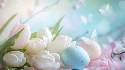 Easter colored eggs, pastel colors, butterflies and flowers, spring bouquet with tulips