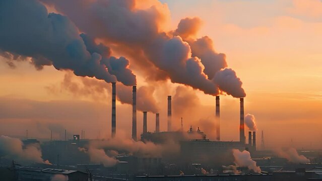 Power plant, steam, smoking chimneys of a coal or metallurgical plant. Air pollution, smog from industrial objects. Environmental issues, emissions, ecology