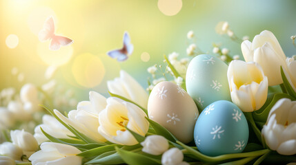 Easter  eggs, pastel colors, butterflies and flowers, spring bouquet with tulips