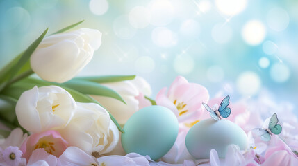 Easter colored eggs, pastel colors, blue butterflies and flowers, a spring bouquet with white tulips