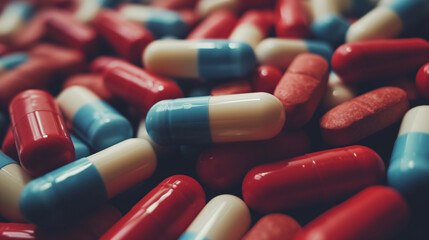 Viele Tabletten und Pillen auf einem Haufen in unterschiedlicher Art - obrazy, fototapety, plakaty