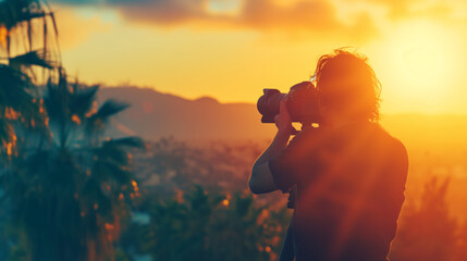 Wildnis Fotograf bei der Arbeit im Gelände bei Sonnenaufgang oder Sonnenuntergang - obrazy, fototapety, plakaty