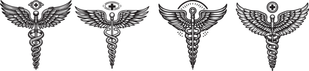 medical sign vector, caduceus black and white set graphics - obrazy, fototapety, plakaty