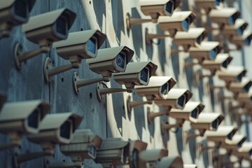A wall full of surveillance cameras, police state, and surveillance concept  - obrazy, fototapety, plakaty