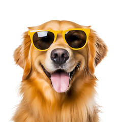 Ready for the summer beach, a beautiful Golden Retriever, a happy dog with sunglasses in a close up shot, Isolated on Transparent Background, PNG