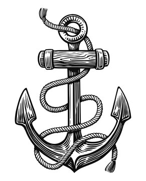 Hand drawn sketch of ship nautical Anchor with rope. Vintage illustration