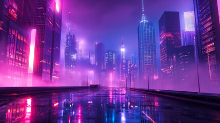 Futuristic Metropolis at Twilight: Vibrant Neon Lights Reflecting on Wet Urban Streets Amidst Skyscrapers Shrouded in Mist