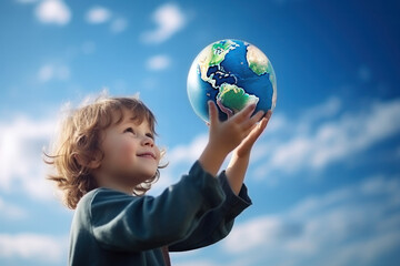 Young child looking up with awe, holding in the hands a globe of the Earth on bright blue sky background with atmosphere of hope and dreams. Future of the planet and Earth Day concept