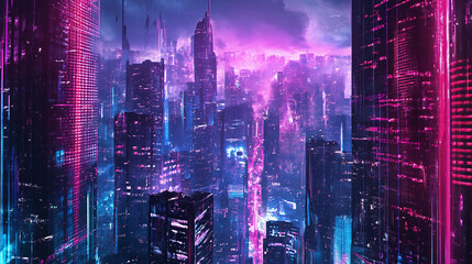 Cyberpunk Dreamscape: Neon Genesis of the Urban Horizon, Skyscrapers Veiled in Mystic Fog