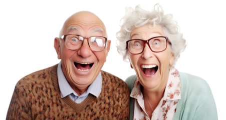 Joyful elderly couple laughing together, cut out