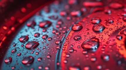 water droplets in close-up on metal with red reflection background - obrazy, fototapety, plakaty